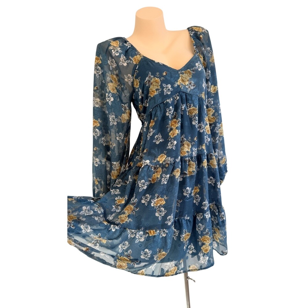 Baltic Born Lombard Tiered Dress Blue Gold Floral Cottagecore Boho Mini Medium - Picture 5 of 15